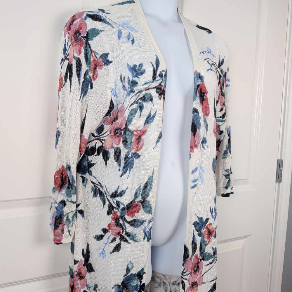 J. Jill Womens Floral Linen Blend Duster Cardigan Ivory Red Blue L